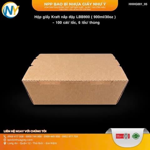 Hộp giấy Kraft nắp đậy LBB900 ( 900ml/30oz ) - 100 cái/ lốc, 6 lốc/ thùng | HỘP GIẤY - TÚI GIẤY NGÀNH BÁNH NGỌT- BÁNH MÌ - FASTFOOD - GÀ RÁN | Mã HHHG001_05 | Tổng kho phân phối đồ dùng 1 lần 1lan.vn