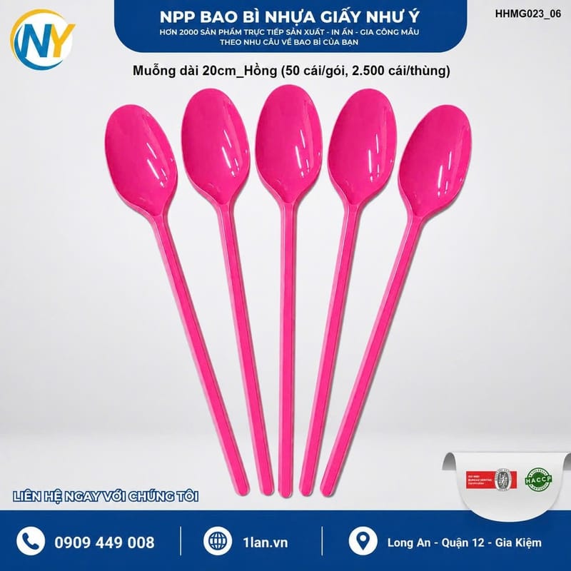 Muỗng dài 20cm Hồng (50 cái/gói,  2.500 cái/thùng) | ĐŨA - MUỖNG - DAO - NĨA - XIÊN - TĂM - COMBO Muỗng | Mã HHMG023_06