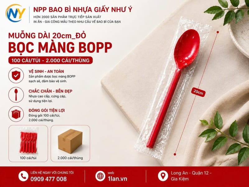 Muỗng dài 20cm Đỏ- Bọc màng BOPP (100 cái/túi - 2.000 cái/thùng) | ĐŨA - MUỖNG - DAO - NĨA - XIÊN - TĂM - COMBO Muỗng | Mã HHMG027_05