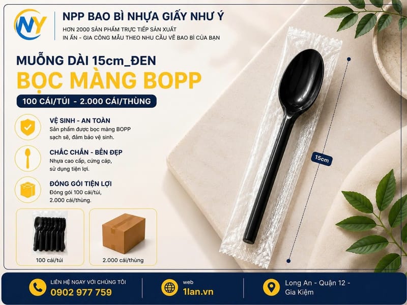 Muỗng dài 15cm Đen- Bọc màng BOPP (100 cái/túi - 2.000 cái/thùng) | ĐŨA - MUỖNG - DAO - NĨA - XIÊN - TĂM - COMBO Muỗng | Mã HHMG026_04