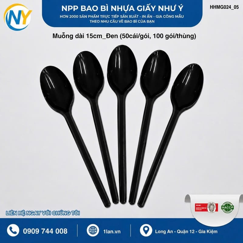 Muỗng dài 15cm Màu Đen  (50cái/gói, 100 gói/thùng) | ĐŨA - MUỖNG - DAO - NĨA - XIÊN - TĂM - COMBO Muỗng | Mã HHMG024_05