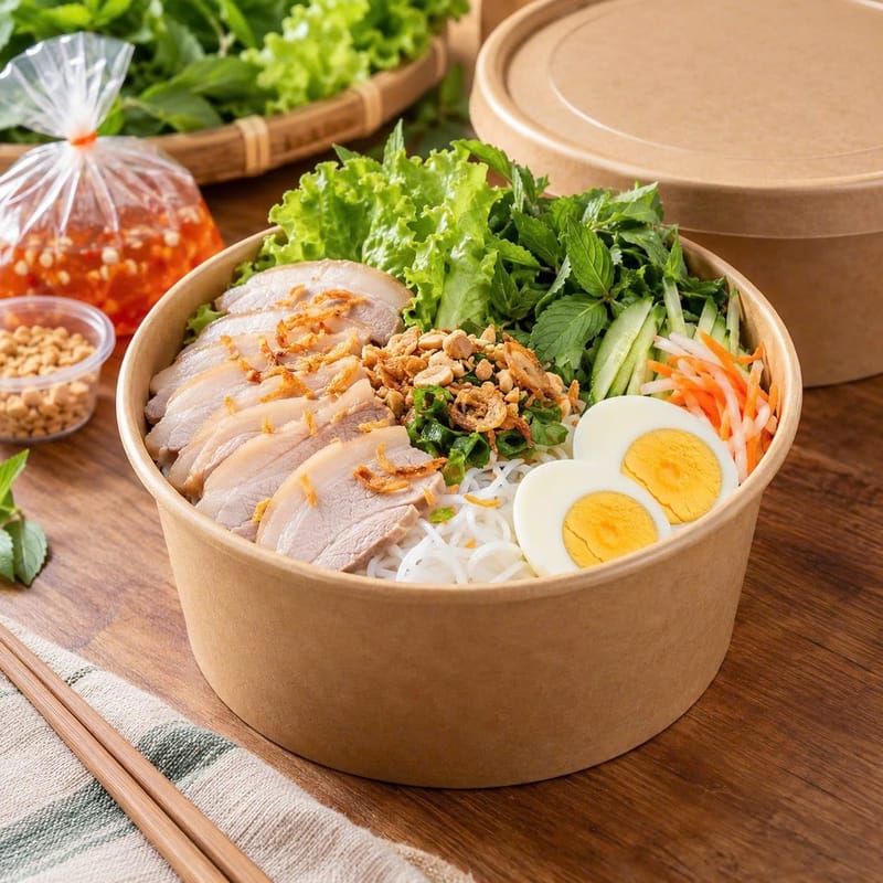 Bún thịt luộc trứng – Đóng gói mang đi chuẩn với Tô giấy Nâu D150 - 1000ml