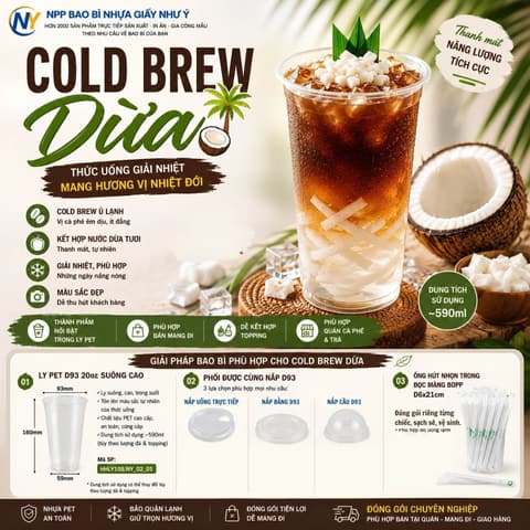Cold Brew Dừa Ít Calo - Ứng Dụng Thực Tế Với Ly nhựa PET- miệng ly D93- 20oz (590ml) - Dày TT (12.0) (UKP) | Tổng kho phân phối đồ dùng 1 lần 1lan.vn