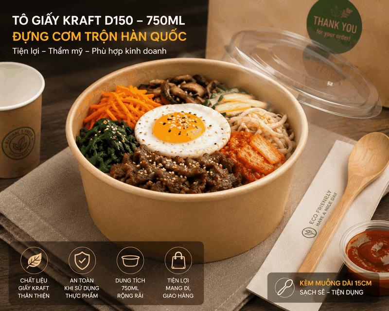 Cơm trộn Hàn Quốc mang đi bằng tô giấy Kraft D150 750ml
