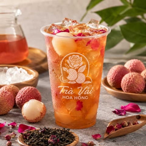 Công thức trà vải hoa hồng phục vụ mang đi với Ly nhựa PET miệng D98 24oz (710ml) | Tổng kho phân phối đồ dùng 1 lần 1lan.vn