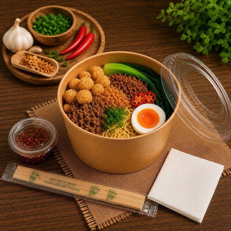 Mì trộn tóp mỡ, trứng lòng đào đóng tô giấy Kraft 1000ml