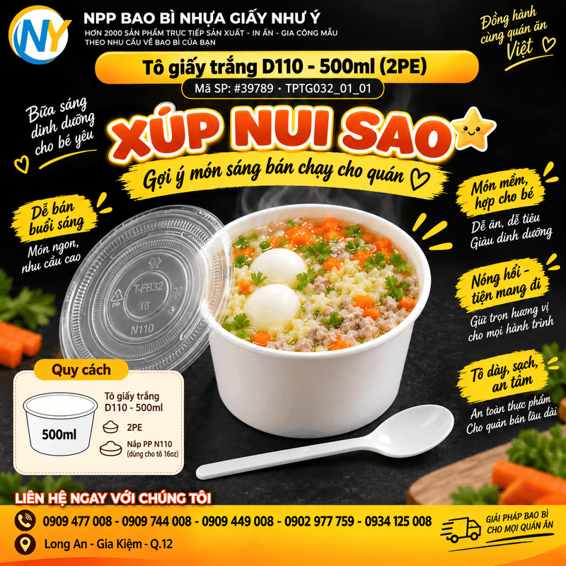 Xúp nui sao tôm thịt cho quán ăn sáng – công thức 10 tô với Tô giấy trắng D110 - 500ml (2PE) (BL) - 1000 cái/ thùng