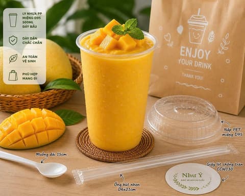 Sinh tố xoài mang đi với Ly nhựa PP miệng ly 95-500ml - ĐẤY BẦU - DÀY TT (7.5) (UKP) | Tổng kho phân phối đồ dùng 1 lần 1lan.vn
