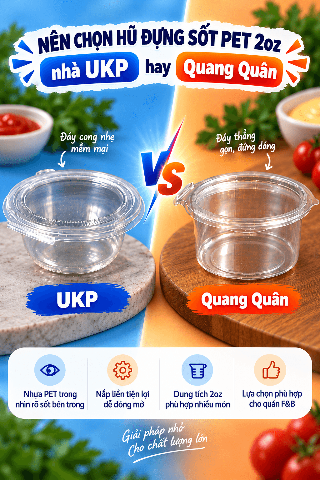 Nên chọn Hộp đựng sốt nắp liền PET 65-2oz UKP (2.000 cái/thùng) hay Hộp đựng sốt nắp liền PET 2oz (QQ) (2.000 cái/thùng)?