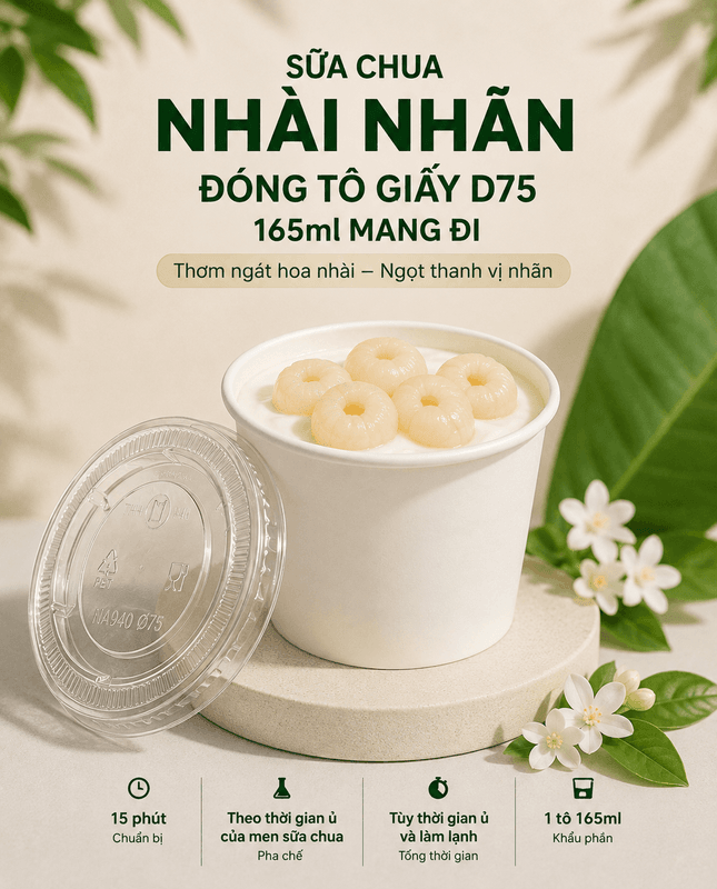Sữa chua nhài nhãn 165ml với tô giấy trắng D75 và nắp PET D75