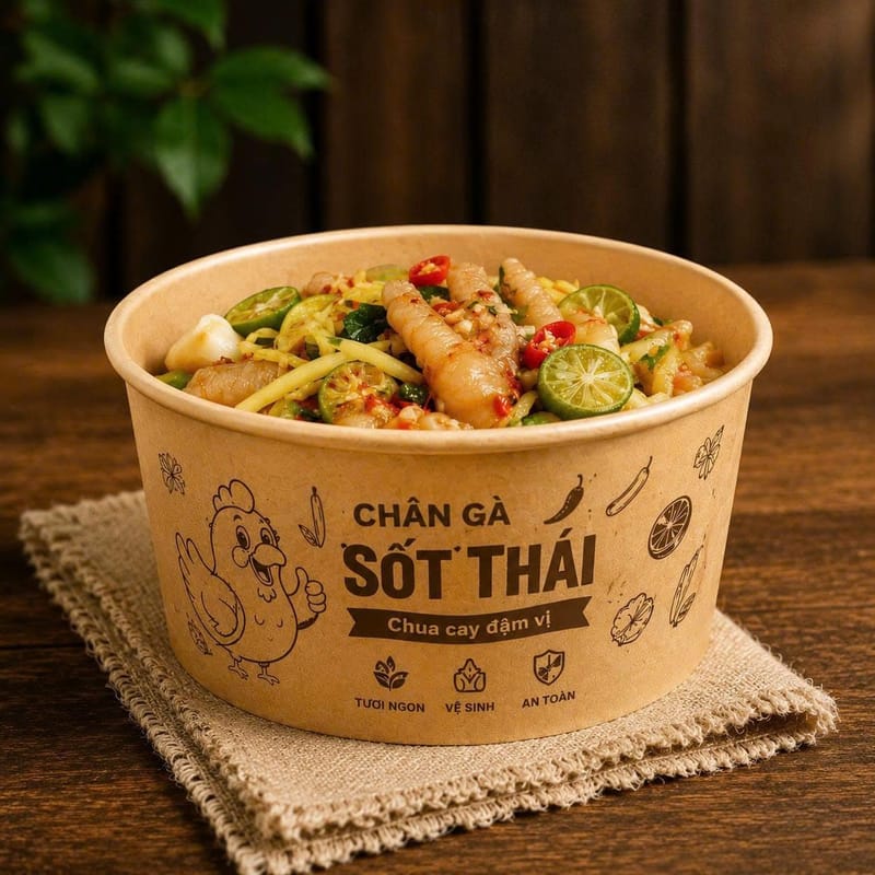 Tô giấy Nâu D150 1000ml ứng dụng đựng Chân Gà Sốt Thái mang đi | Tổng kho phân phối đồ dùng 1 lần 1lan.vn
