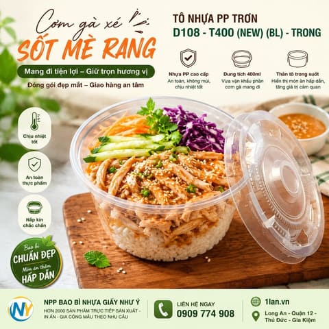Cơm gà xé sốt mè rang mang đi với Tô nhựa PP trơn D108 - T400 (New) (BL) - Trong | Tổng kho phân phối đồ dùng 1 lần 1lan.vn