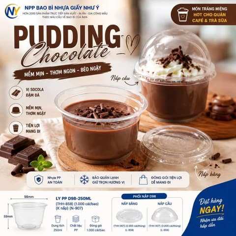 Chocolate Pudding phục vụ trong ly PP trơn D98-250ml | Tổng kho phân phối đồ dùng 1 lần 1lan.vn