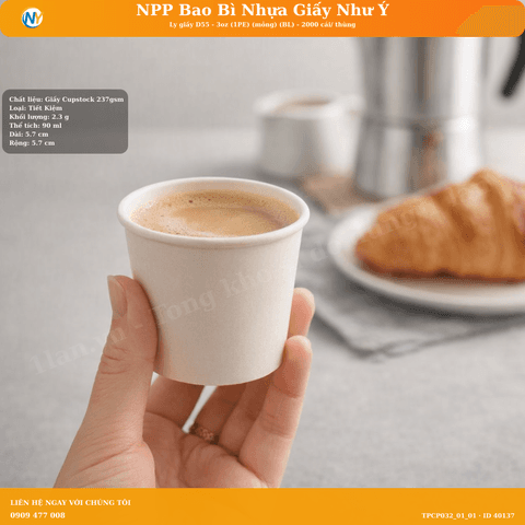 Ly giấy D55 - 3oz (1PE) (mỏng) (BL) - 2000 cái/ thùng | LY GIẤY | Mã TPCP032_01_01 | Tổng kho phân phối đồ dùng 1 lần 1lan.vn