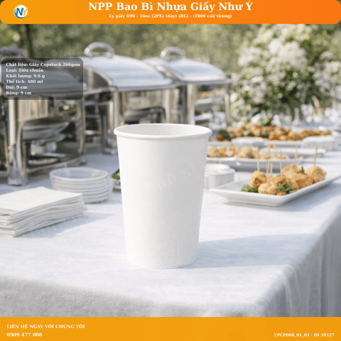 Ly giấy D90 - 16oz (2PE) (dày) (BL) - (1000 cái/ thùng) | LY GIẤY | Mã TPCP006_01_01 | Tổng kho phân phối đồ dùng 1 lần 1lan.vn