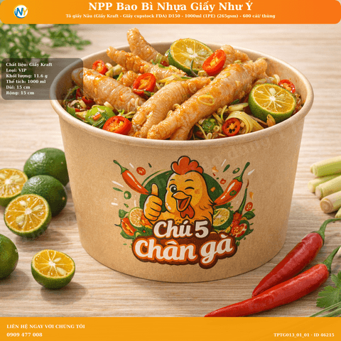 Tô giấy Nâu (Giấy Kraft - Giấy cupstock FDA) D150 - 1000ml (1PE) (265gsm) - 600 cái/ thùng | TÔ GIẤY - TÔ CHÁO - TÔ PHỞ TÔ ĐỰNG MÓN NƯỚC - NẮP TÔ GIẤY | Mã TPTG013_01_01 | Tổng kho phân phối đồ dùng 1 lần 1lan.vn