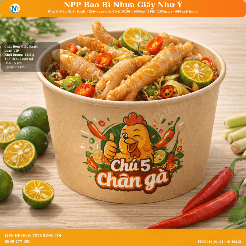 Tô giấy Nâu (Giấy Kraft - Giấy cupstock FDA) D150 - 1000ml (1PE) (265gsm) - 600 cái/ thùng | TÔ GIẤY - TÔ CHÁO - TÔ PHỞ TÔ ĐỰNG MÓN NƯỚC - NẮP TÔ GIẤY | Mã TPTG013_01_01
