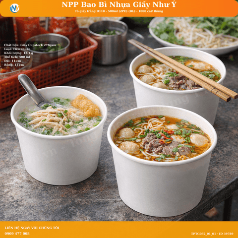 Tô giấy trắng D110 - 500ml (2PE) (BL) - 1000 cái/ thùng | TÔ GIẤY - TÔ CHÁO - TÔ PHỞ TÔ ĐỰNG MÓN NƯỚC - NẮP TÔ GIẤY | Mã TPTG032_01_01 | Tổng kho phân phối đồ dùng 1 lần 1lan.vn