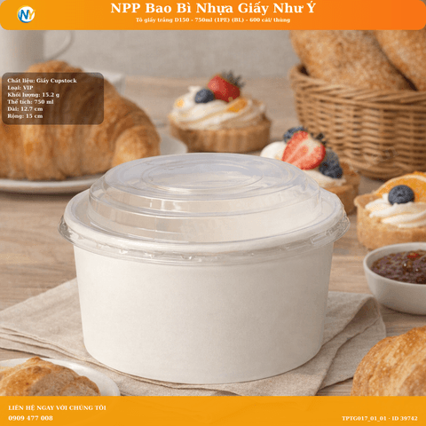 Tô giấy trắng D150 - 750ml (1PE) (BL) - 600 cái/ thùng | TÔ GIẤY - TÔ CHÁO - TÔ PHỞ TÔ ĐỰNG MÓN NƯỚC - NẮP TÔ GIẤY | Mã TPTG017_01_01 | Tổng kho phân phối đồ dùng 1 lần 1lan.vn