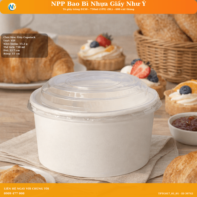 Tô giấy trắng D150 - 750ml (1PE) (BL) - 600 cái/ thùng | TÔ GIẤY - TÔ CHÁO - TÔ PHỞ TÔ ĐỰNG MÓN NƯỚC - NẮP TÔ GIẤY | Mã TPTG017_01_01