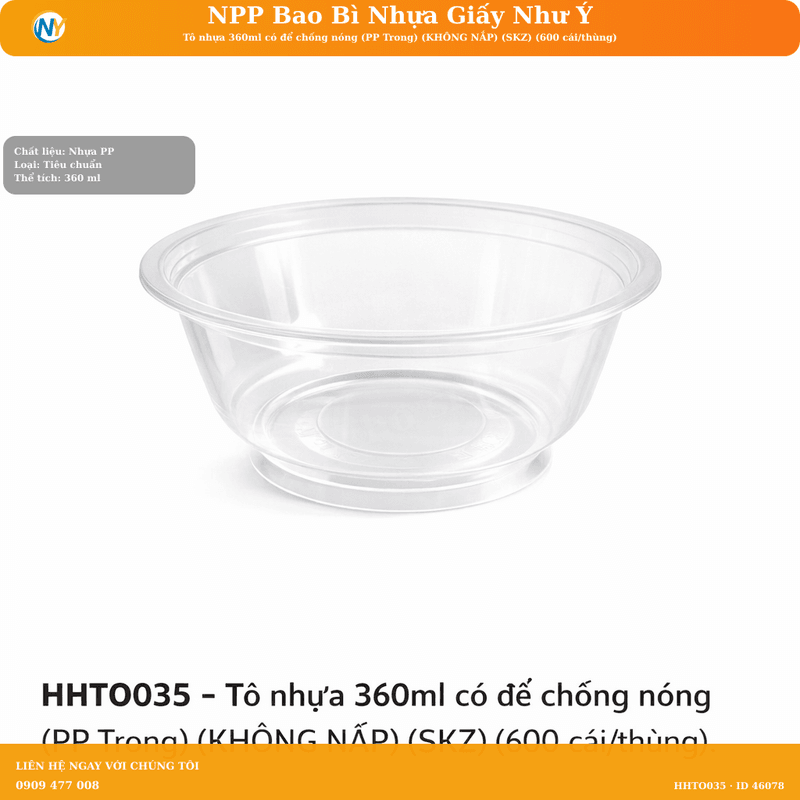 Tô nhựa 360ml có để chống nóng (PP Trong) (KHÔNG NẮP) (SKZ) (600 cái/thùng) | HỘP NHỰA, TÔ/THỐ NHỰA VUÔNG/TRÒN - HỘP MICROWAVE | Mã HHTO035
