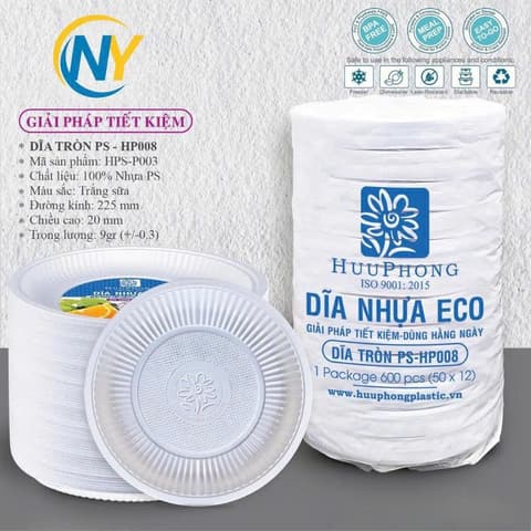 Dĩa tròn PS trắng sữa đường kính 22.5cm (HP) (08) (600 cái/bao) | TÔ-CHÉN-DĨA-KHAY NHỰA XỐP - DĨA BÁNH KEM | Mã HHDI010_02 | Tổng kho phân phối đồ dùng 1 lần 1lan.vn