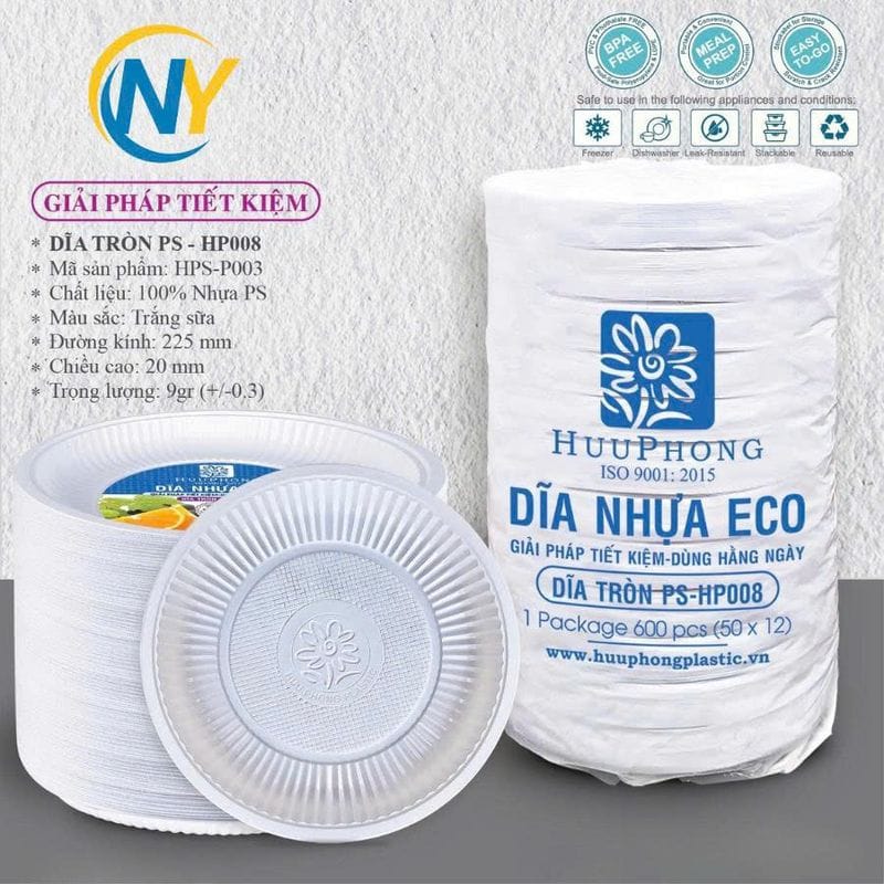 Dĩa tròn PS trắng sữa đường kính 22.5cm (HP) (08) (600 cái/bao) | TÔ-CHÉN-DĨA-KHAY NHỰA XỐP - DĨA BÁNH KEM | Mã HHDI010_02