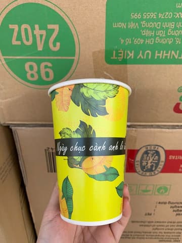 Ly giấy D90 - 16oz (2PE) (dày) (BL - In 5 màu) - Chiếc lá (G02A07) Em cứ uống đi (đen, dương, lá, cam, vàng)(IGC) | LY GIẤY | Mã TPCP006_05_05_02 | Tổng kho phân phối đồ dùng 1 lần 1lan.vn