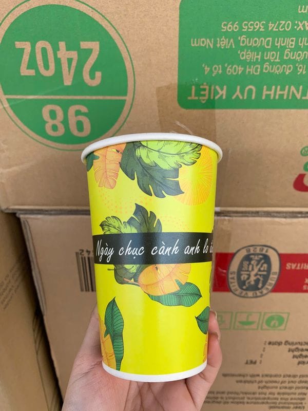 Ly giấy D90 - 16oz (2PE) (dày) (BL - In 5 màu) - Chiếc lá (G02A07) Em cứ uống đi (đen, dương, lá, cam, vàng)(IGC) | LY GIẤY | Mã TPCP006_05_05_02