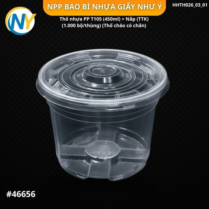 Thố nhựa PP T105 (450ml) + Nắp (TTK) (1.000 bộ/thùng) (Thố cháo có chân) | HỘP NHỰA, TÔ/THỐ NHỰA VUÔNG/TRÒN - HỘP MICROWAVE | Mã HHTH026_03_01
