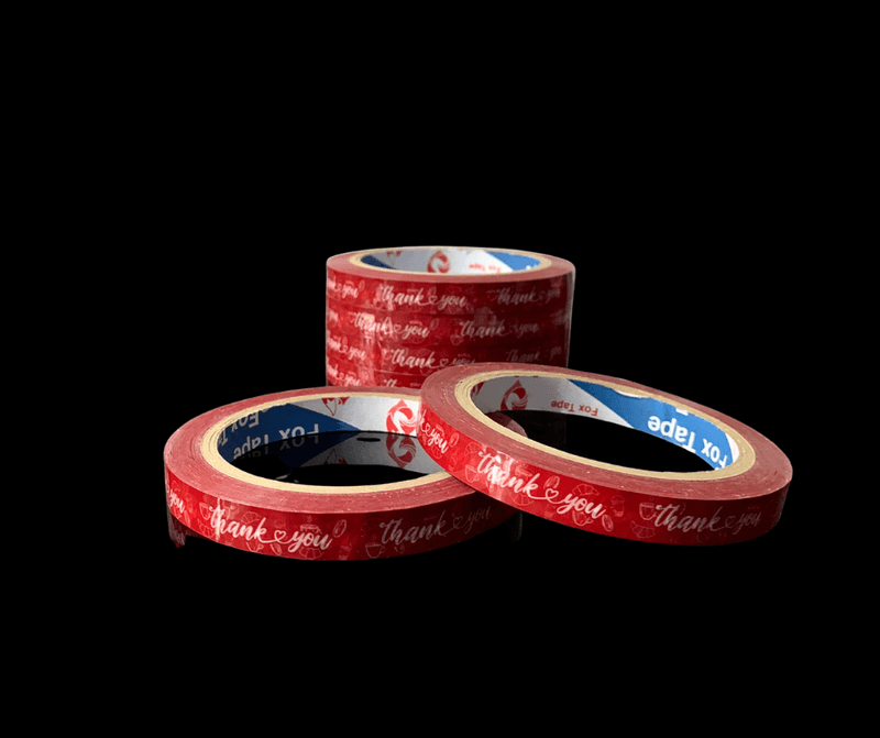Băng keo dán nắp ly 1F2 x 60m  ( In Thank you, Nền ĐỎ ĐẬM chữ trắng) (24 cuộn/cây) | BĂNG KEO - MÀNG BỌC TP - DÂY THUN - GIẤY IN | Mã HHBK001_13