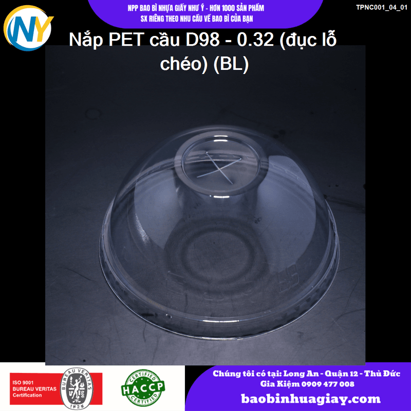 Nắp PET cầu D98 - 0.32 (đục lỗ chéo) (BL) (50 cái/lốc, 1.000 cái/thùng) | NẮP LY/TÔ - NẮP BẰNG -  NẮP CẦU - NẮP TRỰC TIẾP - NẮP TIM | Mã TPNC001_04_01