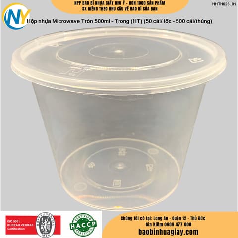Hộp nhựa Microwave Tròn 500ml - Trong (HT) (50 cái/ lốc - 500 cái/thùng) | HỘP NHỰA, TÔ/THỐ NHỰA VUÔNG/TRÒN - HỘP MICROWAVE | Mã HHTH023_01 | Tổng kho phân phối đồ dùng 1 lần 1lan.vn
