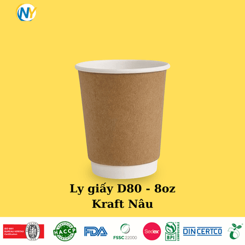 Ly giấy D80 - 8oz 2 lớp - Kraft nâu (PT) (1000 cái/thùng) | LY GIẤY | Mã HHLG002_01_01 | Tổng kho phân phối đồ dùng 1 lần 1lan.vn