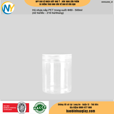 Hũ nhựa cao cấp 500ml Lùn - Nắp phi 89 (Nắp chung: Nắp PET) (42 hũ/lốc - 210 hũ/thùng) | HŨ NHỰA - CHAI NHỰA | Mã HHHU006_01 | Tổng kho phân phối đồ dùng 1 lần 1lan.vn
