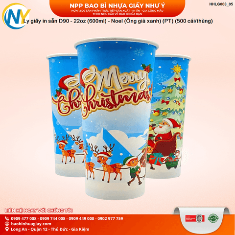 Ly giấy in sẵn D90 - 22oz (600ml) - Noel (Ông già xanh) (PT) (500 cái/thùng) | LY GIẤY | Mã HHLG008_05 | Tổng kho phân phối đồ dùng 1 lần 1lan.vn