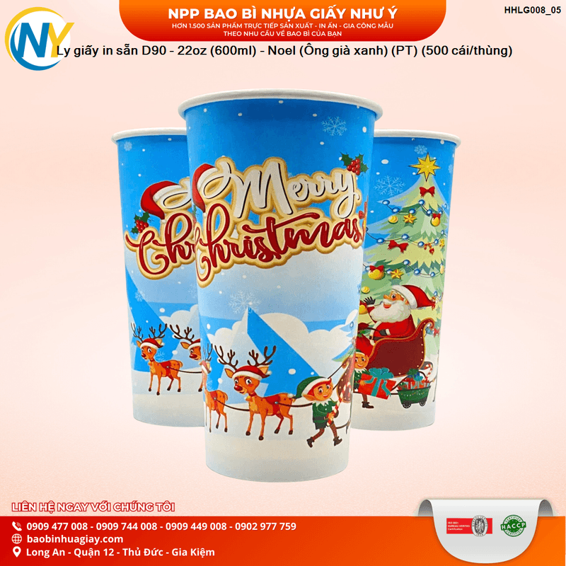 Ly giấy in sẵn D90 - 22oz (600ml) - Noel (Ông già xanh) (PT) (500 cái/thùng) | LY GIẤY | Mã HHLG008_05