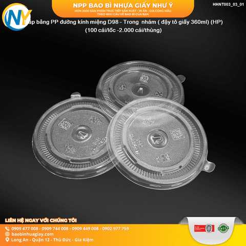 Nắp bằng PP đường kính miệng D98 - Trong  nhám ( đậy tô giấy 360ml) (HP) (100 cái/lốc -2.000 cái/thùng) | NẮP LY/TÔ - NẮP BẰNG -  NẮP CẦU - NẮP TRỰC TIẾP - NẮP TIM | Mã HHNT003_03_01 | Tổng kho phân phối đồ dùng 1 lần 1lan.vn