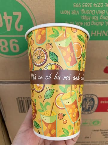 Ly giấy D90 - 16oz (2PE) (dày) (BL - In 5 màu) - G02A08 Ăn uống mỗi ngày anh lo (đen, lá, nâu, cam, vàng)(IGC) | LY GIẤY | Mã TPCP006_05_05_01 | Tổng kho phân phối đồ dùng 1 lần 1lan.vn
