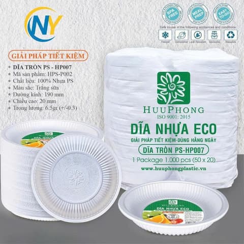 Dĩa tròn PS trắng sữa đường kính 19cm (HP) (07) (1.000 cái/bao) | TÔ-CHÉN-DĨA-KHAY NHỰA XỐP - DĨA BÁNH KEM | Mã HHDI009_02 | Tổng kho phân phối đồ dùng 1 lần 1lan.vn