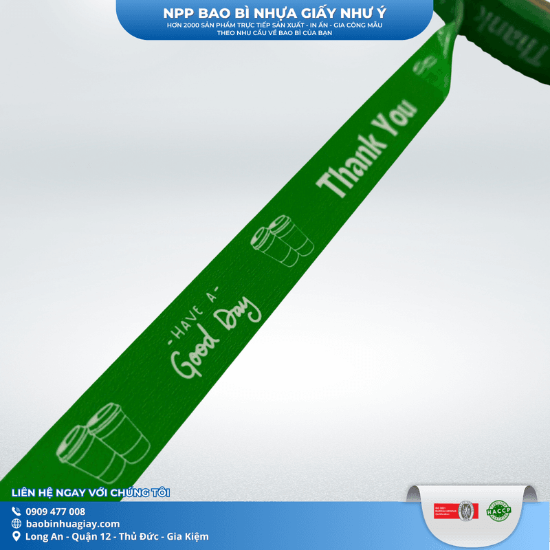 Băng keo dán nắp ly 1F5 x 60m  ( In Thank you, Nền X. LÁ chữ trắng) (20 cuộn/cây) | BĂNG KEO - MÀNG BỌC TP - DÂY THUN - GIẤY IN | Mã HHBK001_09