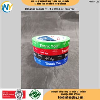 Băng keo dán nắp ly 1F5 x 60m ( In Thank you- MIX NHIỀU MẪU) (20 cuộn/cây) - ảnh 1