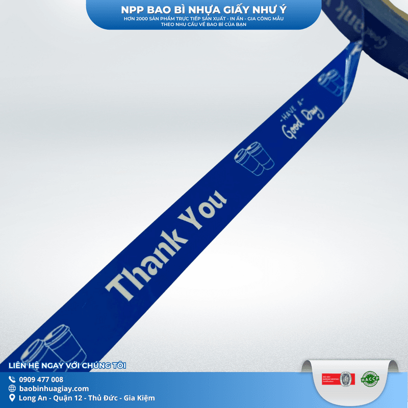 Băng keo dán nắp ly 1F5 x 60m  ( In Thank you, Nền X.DƯƠNG chữ trắng) (20 cuộn/cây) | BĂNG KEO - MÀNG BỌC TP - DÂY THUN - GIẤY IN | Mã HHBK001_11