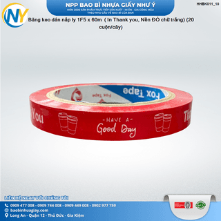 Băng keo dán nắp ly 1F5 x 60m  ( In Thank you, Nền ĐỎ chữ trắng) (20 cuộn/cây) - ảnh 2
