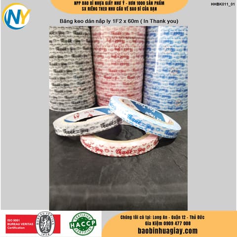 Băng keo dán nắp ly 1F2 x 60m ( In Thank you- MIX NHIỀU MẪU) (24 cuộn/cây) | BĂNG KEO - MÀNG BỌC TP - DÂY THUN - GIẤY IN | Mã HHBK001_01 | Tổng kho phân phối đồ dùng 1 lần 1lan.vn