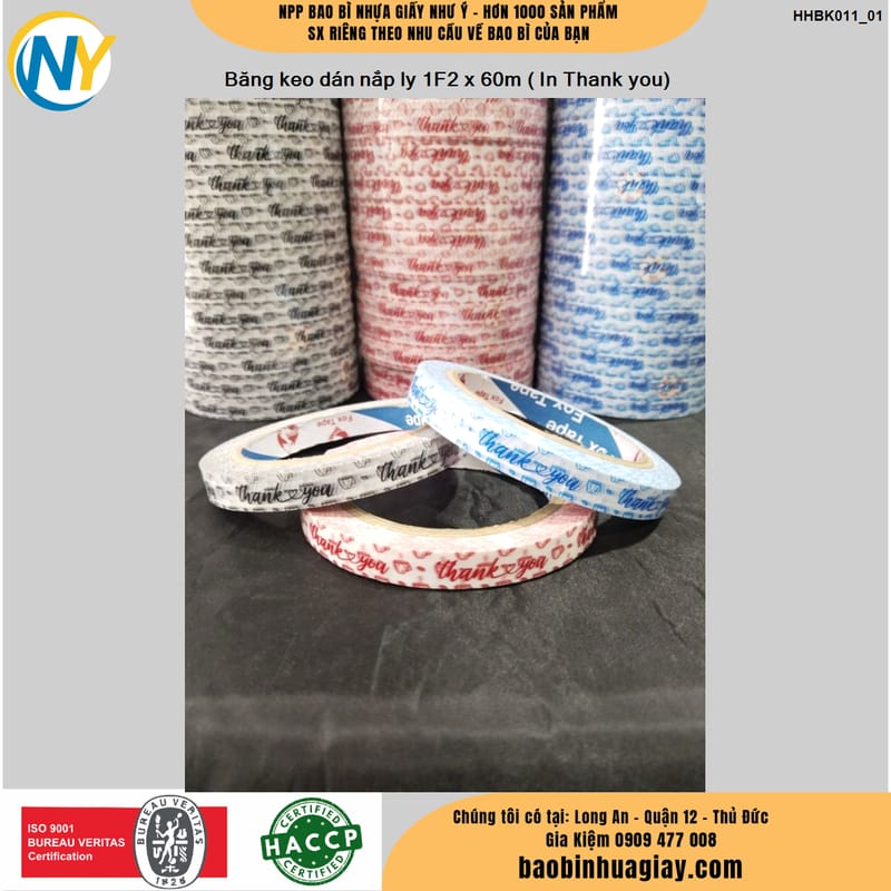 Băng keo dán nắp ly 1F2 x 60m ( In Thank you- MIX NHIỀU MẪU) (24 cuộn/cây) | BĂNG KEO - MÀNG BỌC TP - DÂY THUN - GIẤY IN | Mã HHBK001_01