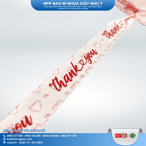 Băng keo dán nắp ly 1F2 x 60m ( In Thank you, Nền TRẮNG chữ ĐỎ) (24 cuộn/cây) | Tổng kho phân phối đồ dùng 1 lần 1lan.vn