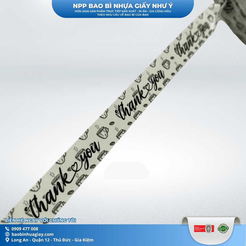Băng keo dán nắp ly 1F2 x 60m  ( In Thank you, Nền TRẮNG chữ ĐEN) (24 cuộn/cây) | BĂNG KEO - MÀNG BỌC TP - DÂY THUN - GIẤY IN | Mã HHBK001_06