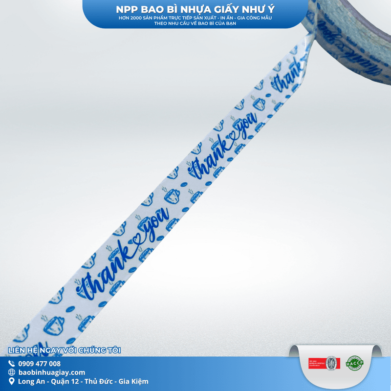 Băng keo dán nắp ly 1F2 x 60m  ( In Thank you, Nền TRẮNG chữ X.DƯƠNG) (24 cuộn/cây) | BĂNG KEO - MÀNG BỌC TP - DÂY THUN - GIẤY IN | Mã HHBK001_07