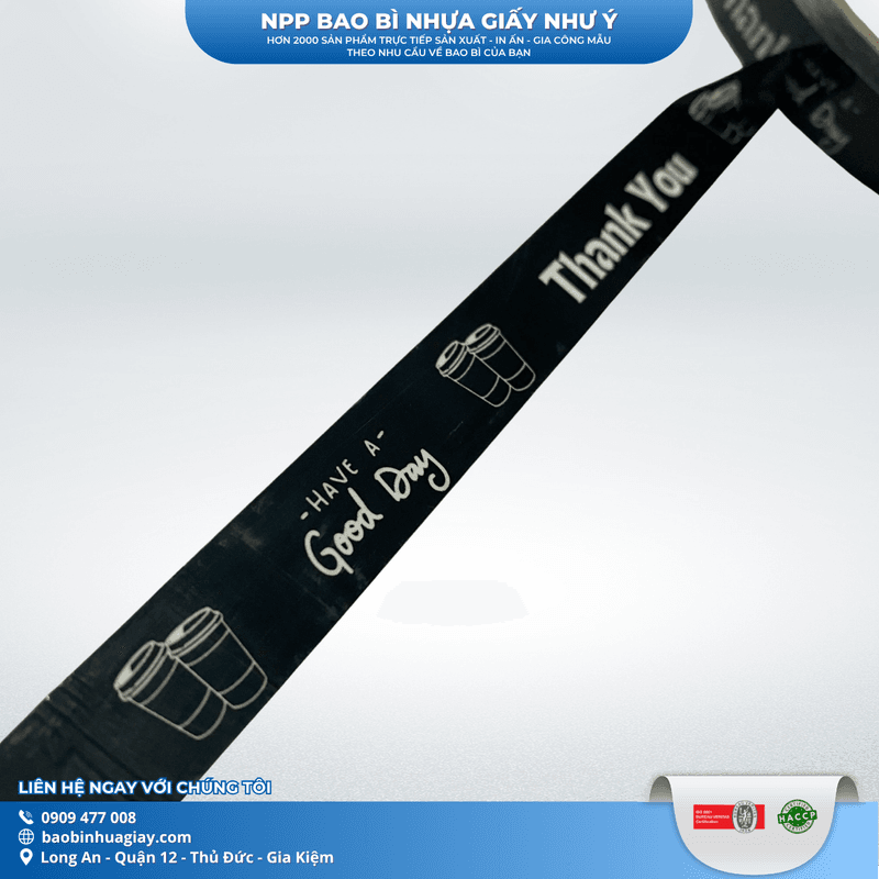 Băng keo dán nắp ly 1F5 x 60m  ( In Thank you, Nền ĐEN chữ trắng) (20 cuộn/cây) | BĂNG KEO - MÀNG BỌC TP - DÂY THUN - GIẤY IN | Mã HHBK001_08